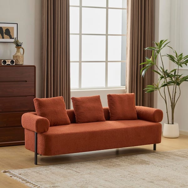 Orvane Modern 78.35 in. Round Arms Boucle Fabric Upholstery Rectangle 3-Seats Sofa in Orange with Pillows, Metal Legs