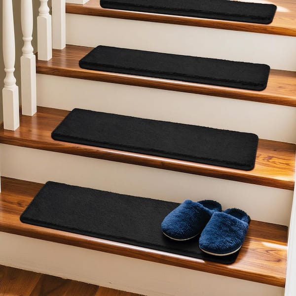 PURE ERA Plush Black 8 in. x 30 in. x 1 in. Carpet Stair Treads Cover Protector Peel and Stick Reusable Indoor Mat Set of 12