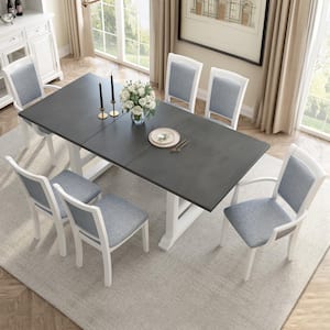 7-Piece White and Gray Wood Top Extendable Dining Set with 4 Side Chairs and 2 Arm Chairs, Gray Fabric