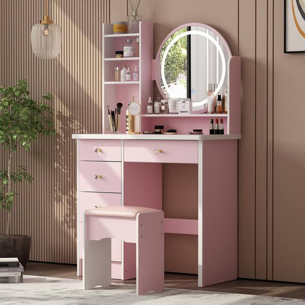 WIAWG 5-Drawers Pink Wood Makeup Vanity Set Dressing Desk W/Stool, LED ...