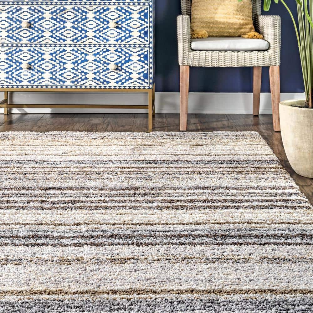 Beige Striped Handmade Shag Area Rug 9' x 12'