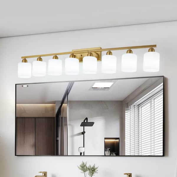 52 in. 8-Light Gold Bathroom Vanity Light Over Mirror, Wall Sconce with White Glass Shades for Dressing Room