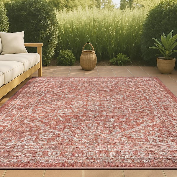 Malta Red/Taupe 9 ft. x 12 ft. Bohemian Medallion Textured Weave Indoor/Outdoor Area Rug