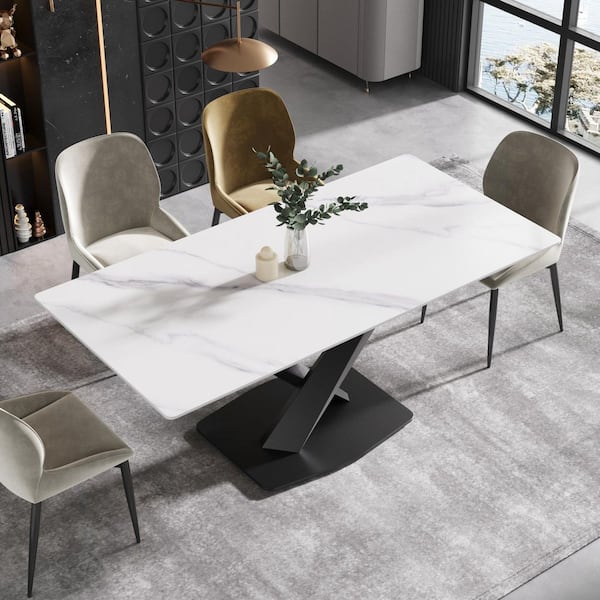 J&E Home 70.87 in. Rectangle White Sintered Stone Tabletop Dining Table with Black Carbon Steel Base (Seats 8)