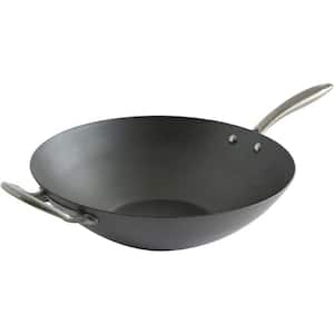 14 in. Aluminized Steel with Nonstick Coating Spun Wok with Stainless Steel Handles Compatible with Induction Stoves