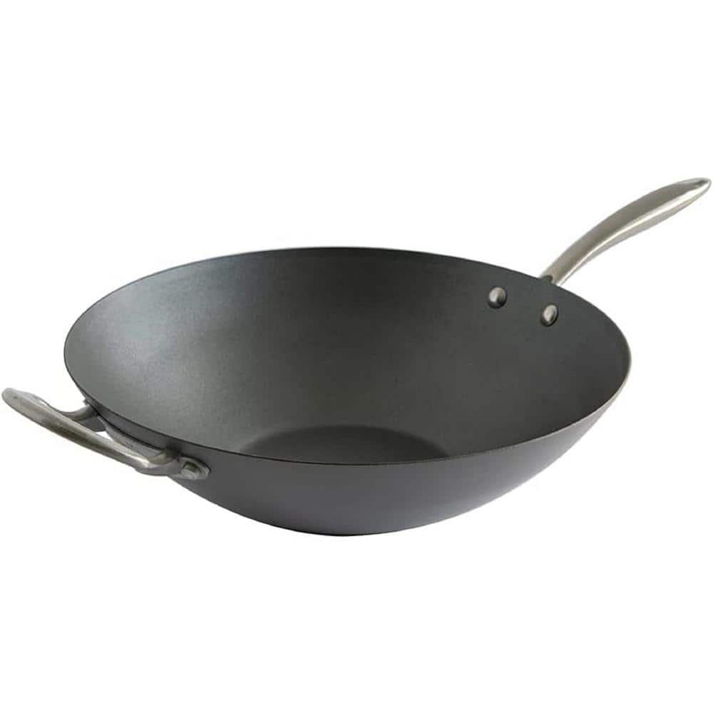 14 in. Aluminized Steel with Nonstick Coating Spun Wok with Stainless Steel