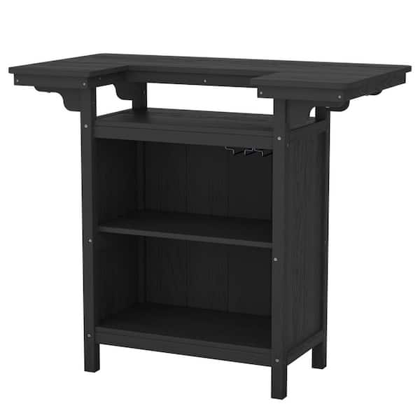 HDPE Outdoor Bar Table with Storage Shelves and Stemware Rack-Weatherproof Patio Entertainment Bar in Black