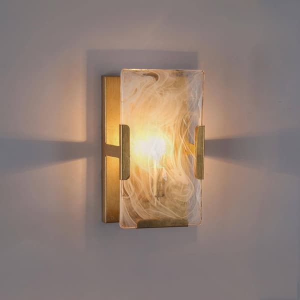 1-Light Antique Gold Leaf Wall Sconce, Rectangle Clouded Glass Bedroom Wall Light, Mid-Century Modern Light Fixture