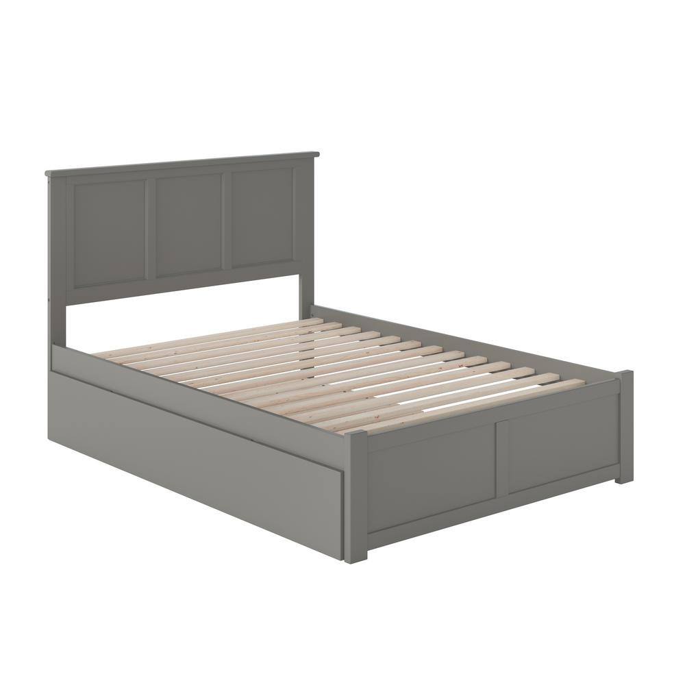 Grey Full Platform Bed with Wood Headboard and Trundle