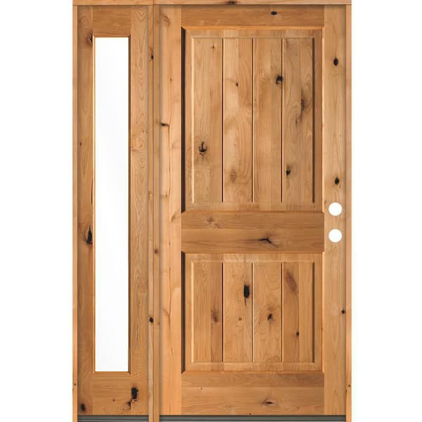Krosswood Doors 50 in. x 80 in. Rustic Knotty Alder 2 Panel Left-Hand/Inswing Clear Glass Clear Stain Wood Prehung Front Door w/Sidelite