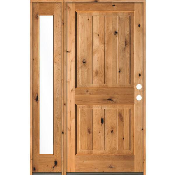 Krosswood Doors 56 in. x 80 in. Rustic Knotty Alder 2 Panel Left-Hand/Inswing Clear Glass Clear Stain Wood Prehung Front Door w/Sidelite