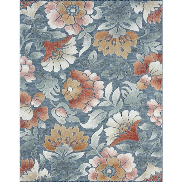 Tayse Rugs Tropic Dark Blue 9 ft. x 12 ft. Floral Indoor/Outdoor Area Rug