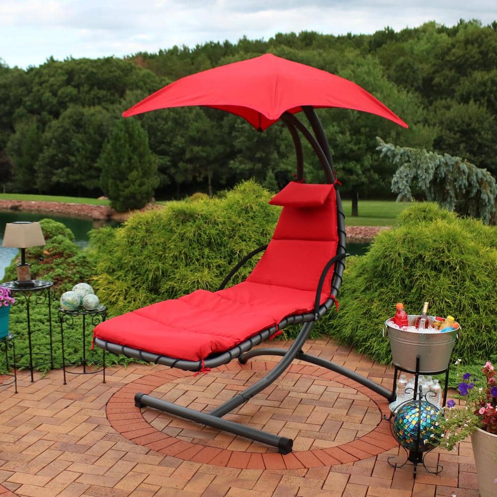 Red Steel Outdoor Hanging Chaise Lounge Chair with Canopy and Cushions