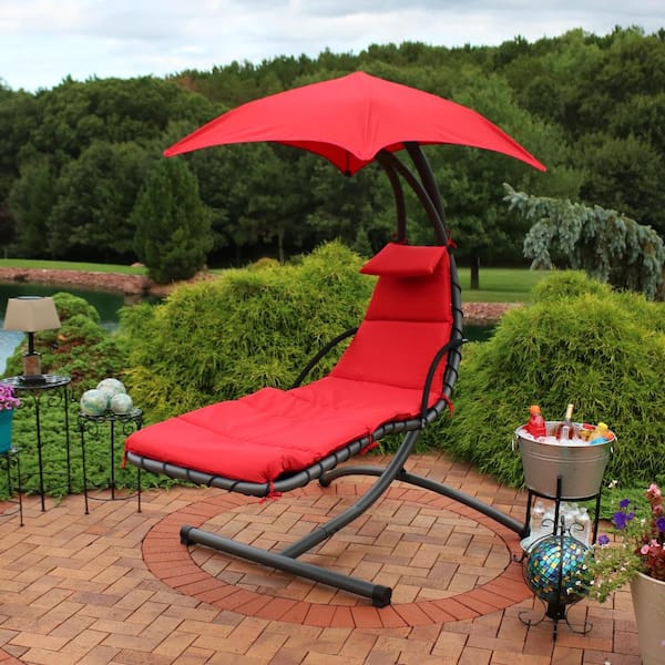 Floating Metal and Sling Outdoor Chaise Lounge with Canopy and Red Cushions