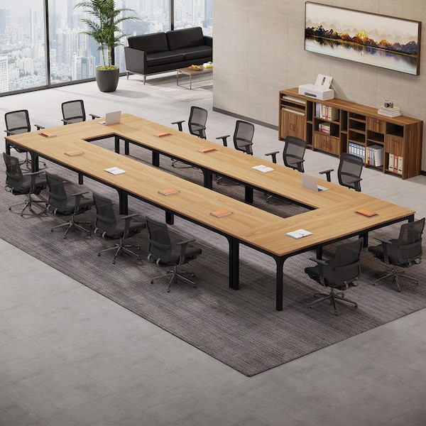 BYBLIGHT Moronia 78.74 in. 6PCS Light Tan & Black Conference Room Table,Long Office Desk,Seminar Meeting Table Desk for Boardroom