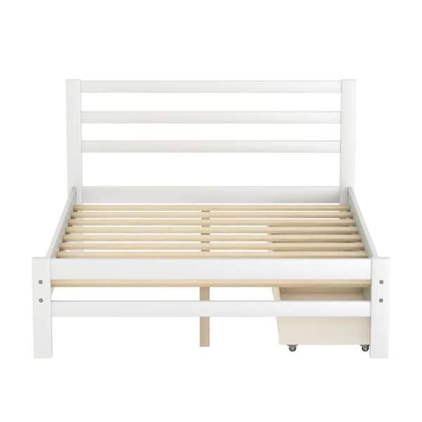 wetiny White Wood Frame Full Platform Bed with two drawers