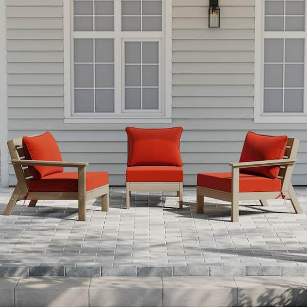 Birchwood Weathered Wood Arrangeable Outdoor Patio 3-Piece Deep Seating HDPE Sofa Arm Chair Set w/ Orange Cushions