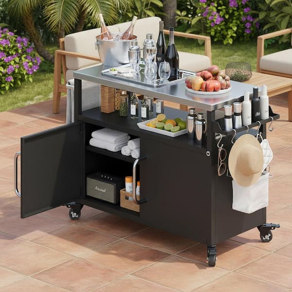 Runesay Classic Black Steel 54.5 in. Kitchen Island Outdoor Metal Grill Bar Cart Table with Storage Cabinet and Towel Rack