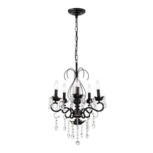 5-Light Matte Black+ Gold Classic Vintage Crystal Candle Chandelier with Adjustable Chain, 5 X E12, No Include Bulb