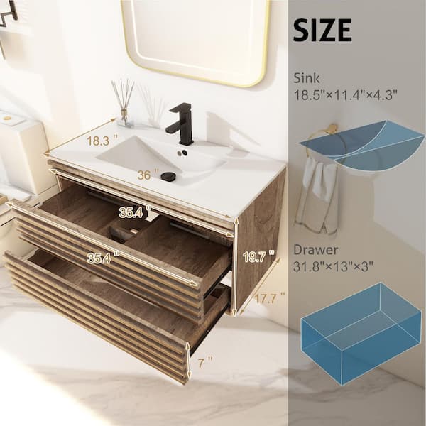 36 in. W x 18.3 in. D x 19.7 in. H Floating 1-Sink Bath Vanity in Oak with White Ceramic Top and Drain Faucet Set