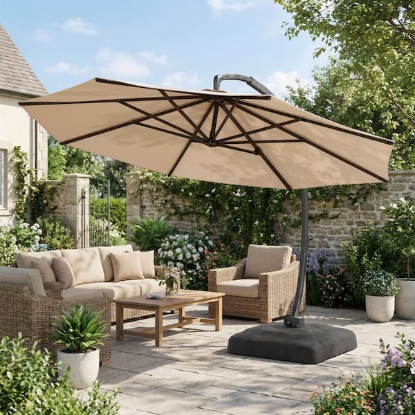 black patio umbrella JOYESERY 8.2FT Backyard Cantilever Hanging Patio Umbrella in Square Black  Canopy, Steel Pole and Ribs for Outdoors, Beaches J-83BK