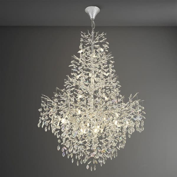 PUYRNF 47 in 27-Light Silver Crystal Chandelier, Large Kitchen Chandelier for High Ceiling Hanging Lights, Bedroom Chandelier