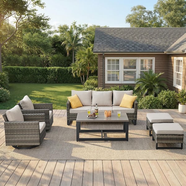 U-Weave Gray 6-Piece Wicker Patio Conversation Set with 4.5 in. Thick Beige Cushions and Ottomans