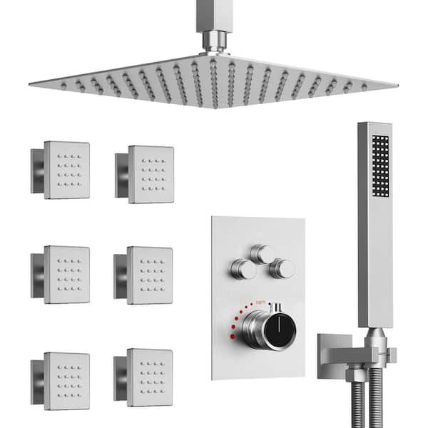 Multiple Press 7-Spray Ceiling Mount 12 in. Fixed and Handheld Shower Head 6-Jet Spray 2.5 GPM in Brushed Nickel