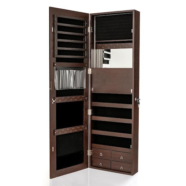 Brown Jewelry Box Mirrored Cabinet Armoire Organizer Storage with LED Lights