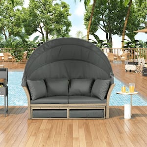 High-End Wicker Outdoor Patio Day Bed with Gray Cushions, 4 Pillows and Retractable Canopy