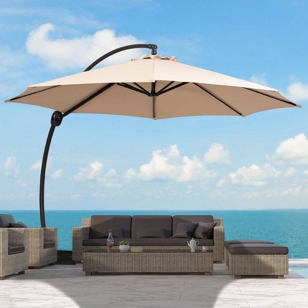 11 ft. L Outdoor Aluminum Curvy Cantilever Offset Hanging Patio Umbrella with Sandbag Base and Cover in Beige price history on PriceWatchPro