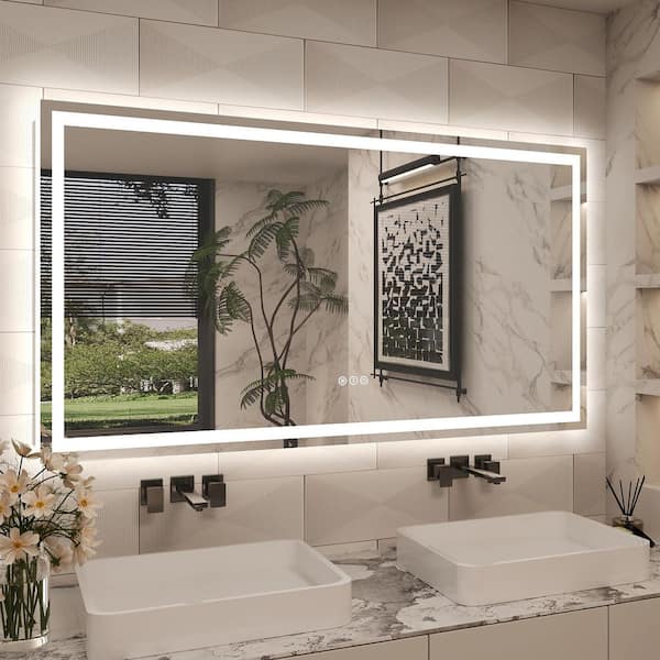 55 in. W x 30 in. H Rectangular Frameless Front and Back Lighted Anti-Fog Wall Bathroom Vanity Mirror Tempered Glass ETL
