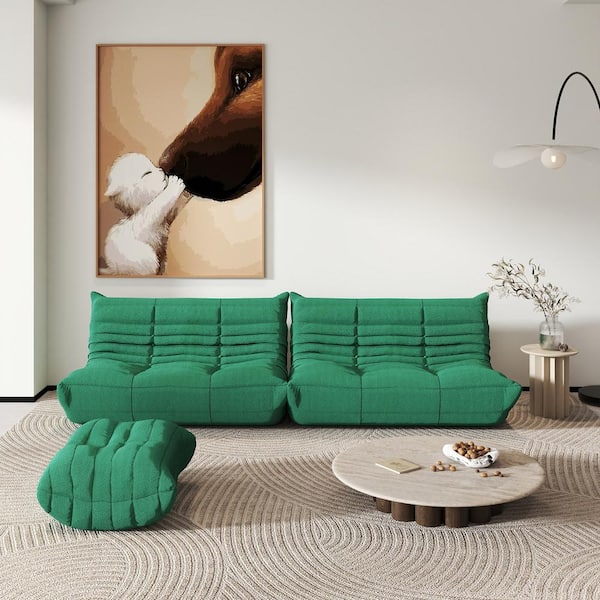Magic Home (Set of 3) Green Teddy Velvet Polyester Large 45-72 in. Loveseats Fireside Bean Bag Lazy Floor Sofa with Ottoman