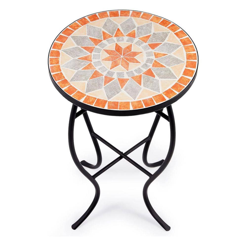 Round Metal Outdoor Side Table 21 in. Round End Table with 14 in. Ceramic T