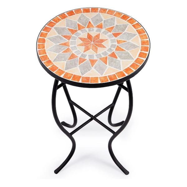 Unbranded Round Metal Outdoor Side Table 21 in. Round End Table with 14 in. Ceramic Tile Top