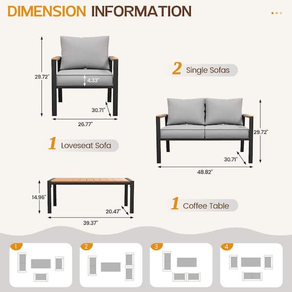 Black 4-Piece Metal Outdoor Patio Conversation Deep Seating Set with Olefin Light Gray Cushions, Loveseat, Coffee Table