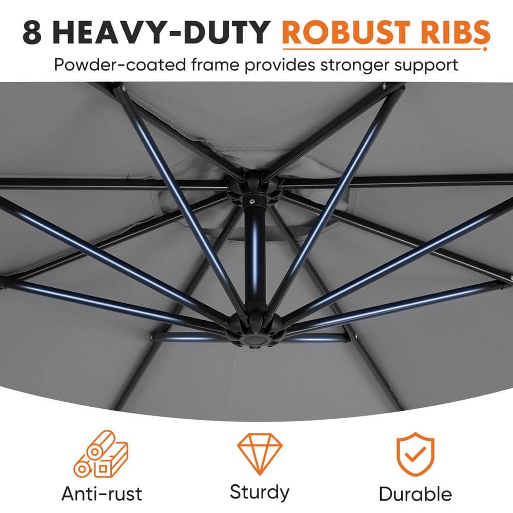 10 ft Gray Polyester Cantilever Patio Umbrella with Metal Frame