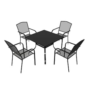 5-Piece Black Steel Dining Chair Square Table 28.54 in. H Outdoor Dining Set with Umbrella Hole