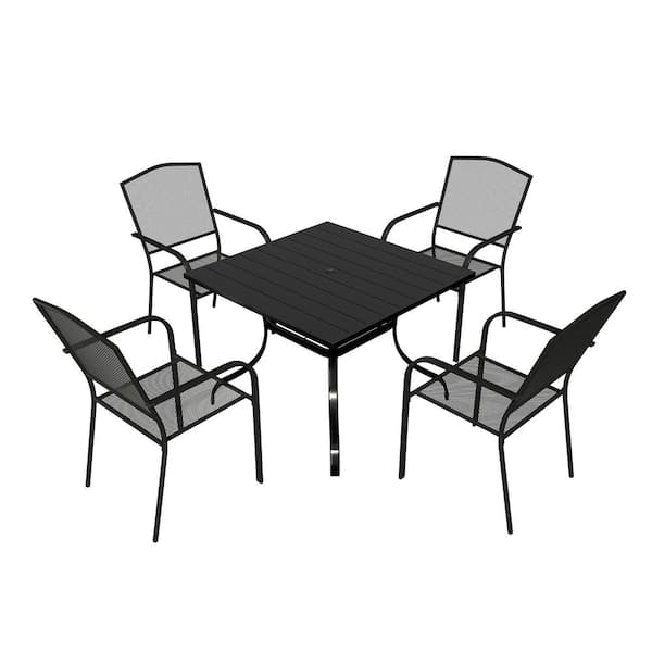 Mondawe 5-Piece Black Steel Patio Dining Set 4 Dining Chairs and 36 in. W Square Table Outdoor Dining Set with Umbrella Hole