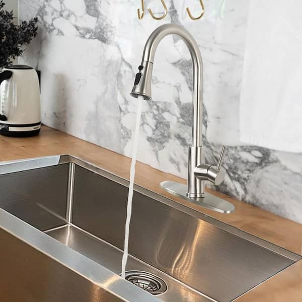 17.32 in. Single Handle Pull Down Sprayer 360 Degree Spout Swivel Kitchen Faucet with Pause Button in Brushed Nickel