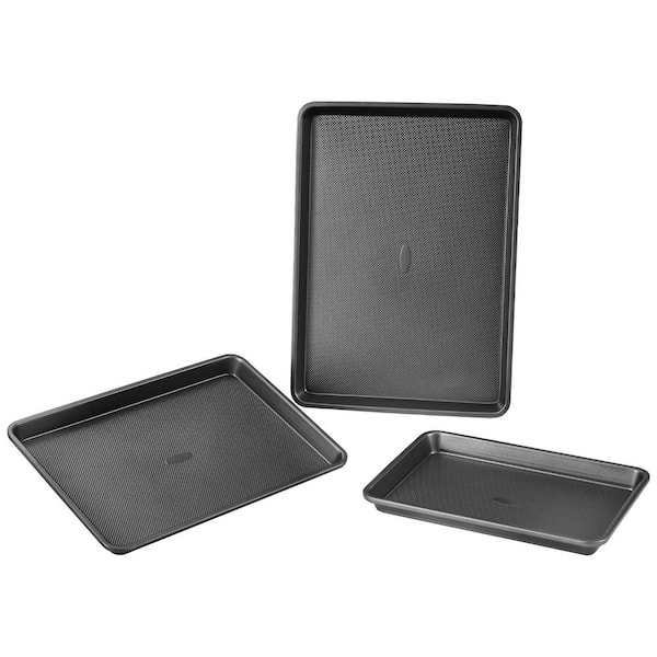 Bakeware Set, 3 Piece, Black Nonstick Carbon Steel Cookware Set, Silicone Handles, Easy to Clean, for Cookies, and Bread