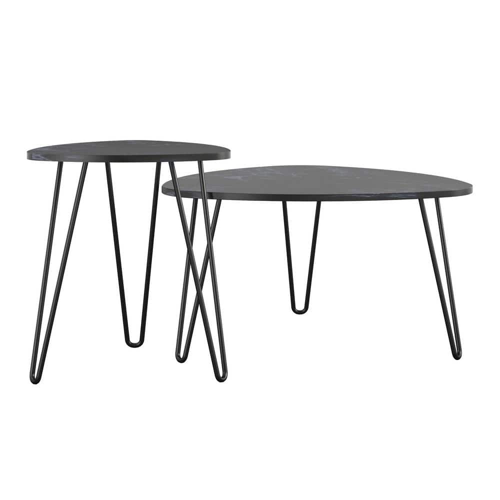 Retro Glam Black Faux Marble & Metal Hairpin Nesting Tables