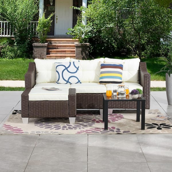 Patio Festival 5-Piece Wicker Patio Conversation Set with Beige Cushions