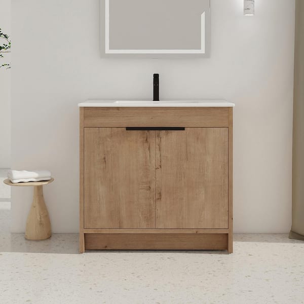 36 in. W x 18.3 in. D x 34 in. H Freestanding Bathroom Vanity in Imitative Oak with White Ceramic Top