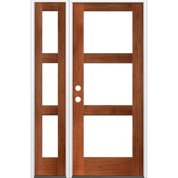 Krosswood Doors 46 in. x 80 in. Modern Hemlock Right-Hand/Inswing 3-Lite Clear Glass Red Chestnut Stain Wood Prehung Front Door with LSL