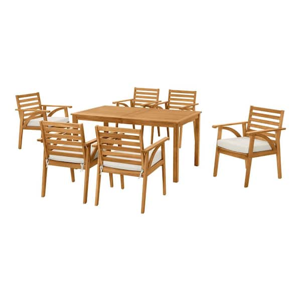 Windy Hill 7-Piece Acacia Wood Outdoor Dining Set with CushionGuard Almond Biscotti Cushions