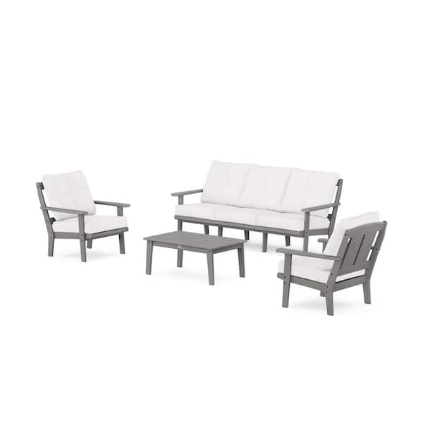 POLYWOOD Mission 4-Pcs Plastic Patio Conversation Set with Sofa in Slate Grey/Natural Linen Cushions