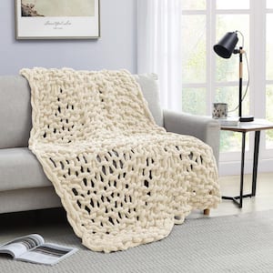 Chunky Knit Chenille Ivory Throw Blanket (40 in. x 60 in.)