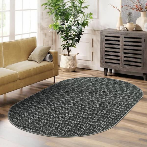 Black 3 ft. x 5 ft. Oval Polyester Washable Modern Geometric Pattern Area Rug