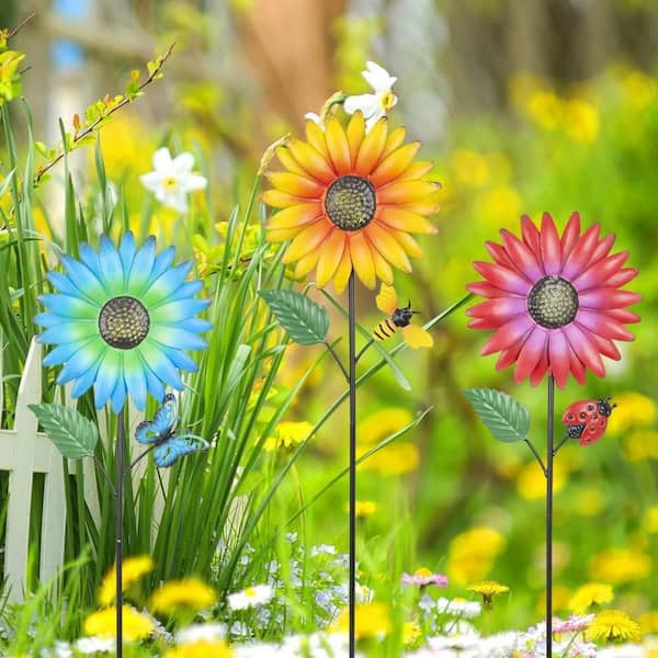 3-Pack Metal Flower Garden Stakes-Colorful Waterproof Decor for